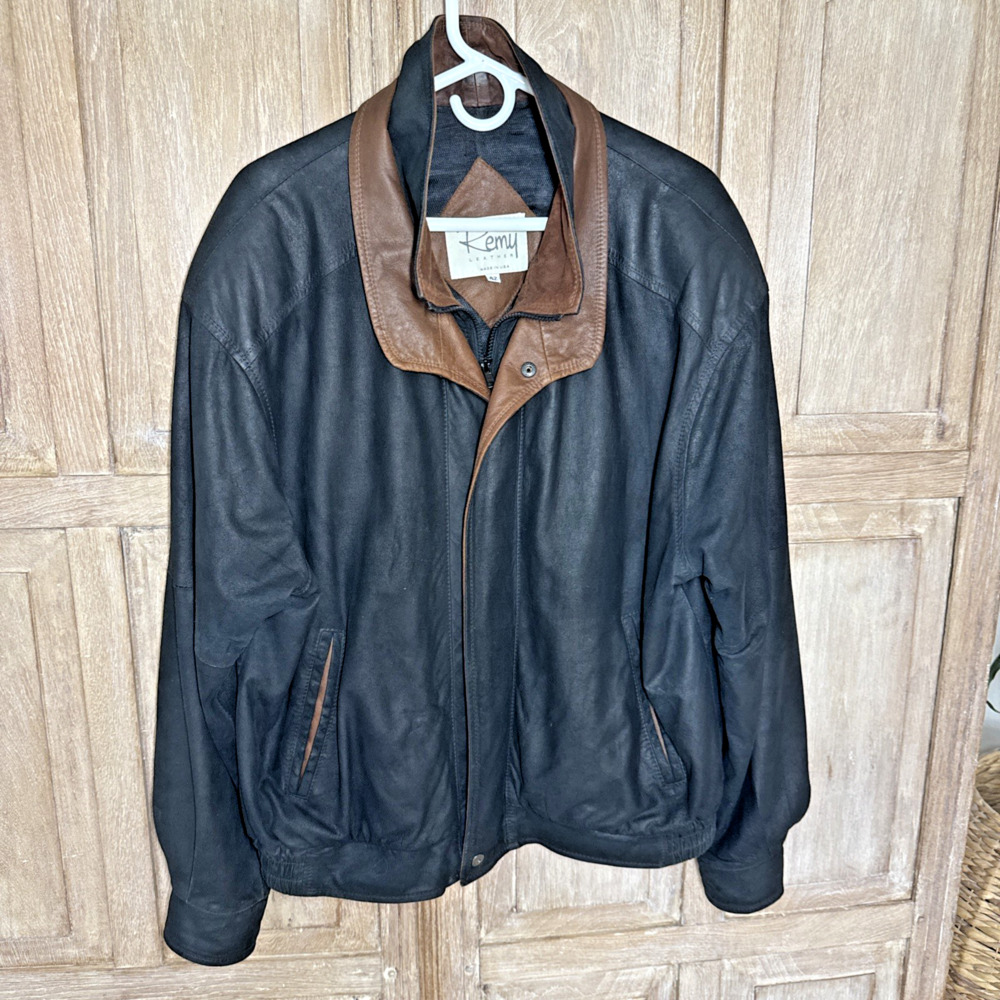 Remy Leather 6005 Men's Lambskin Bomber 42R Peat Timber Double Collar USA
